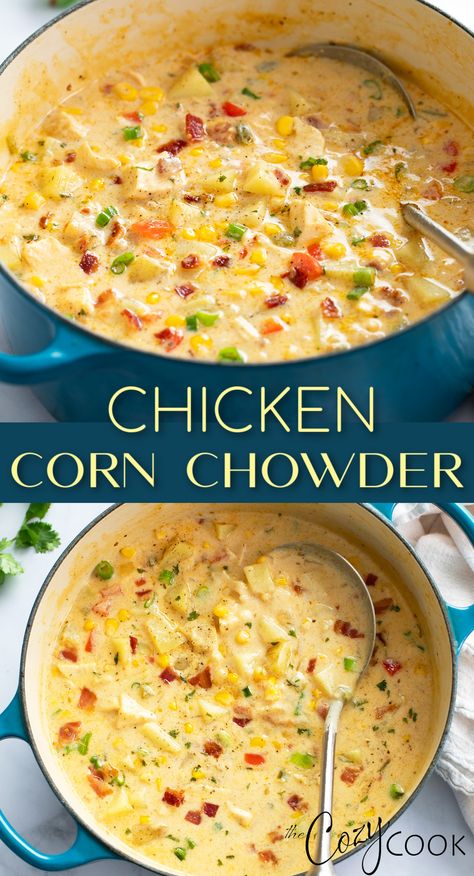 Corn chowder made with chicken, bacon bits, corn, potatoes. Creamy Chicken Corn Chowder, Chicken And Corn Chowder, Chicken Corn Chowder Recipe, Potatoes And Corn, Chicken Corn Chowder, Chicken Corn, Corn Chowder Recipe, Homemade Soup Recipe, Leftover Rotisserie Chicken