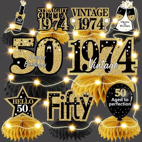 PRICES MAY VARY. [You will Get] - 9PCS happy 50th birthday Honeycomb Centerpieces decorations and 2PCS 6.56ft string lights, providing decoration for your 50th birthday party. [Lighting Your 50th Birthday] - Double-sided printing and retro black gold design, the numbers "50" and "1974" are eye-catching, and rich party elements such as balloons, champagne, with sparkling string lights, lighting up your 50th birthday theme and create a romantic atmosphere for the party. [Suitable for] - Suitable f Happy 60th Birthday Images, 55th Birthday Decorations, 60th Birthday Party Themes, 60th Birthday Centerpieces, 60th Birthday Theme, 50th Birthday Themes, Happy 55th Birthday, 50th Birthday Centerpieces, 30th Birthday Themes