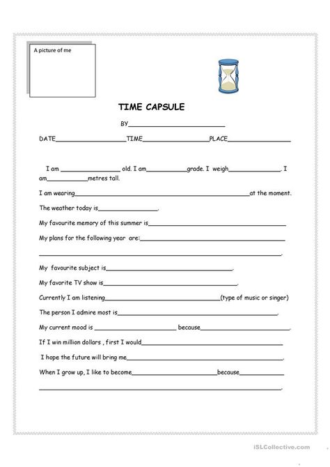 Time Capsule Worksheet, Time Capsule Aesthetic, Verb Tenses, A Worksheet, My Favourite Subject, Grade 6, Beginning Of The School Year, Teaching Jobs, Esl Worksheets