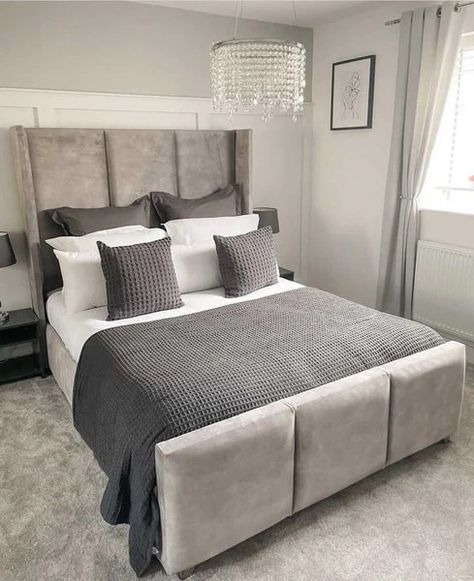 Soft Calm Aesthetic, Wing Back Bed, Cream And Grey Bedroom, Calm Aesthetic, Grey Bed Frame, Upholstered Bed Frame, Room Makeover Bedroom, Room Makeover Inspiration, Upholstered Bed