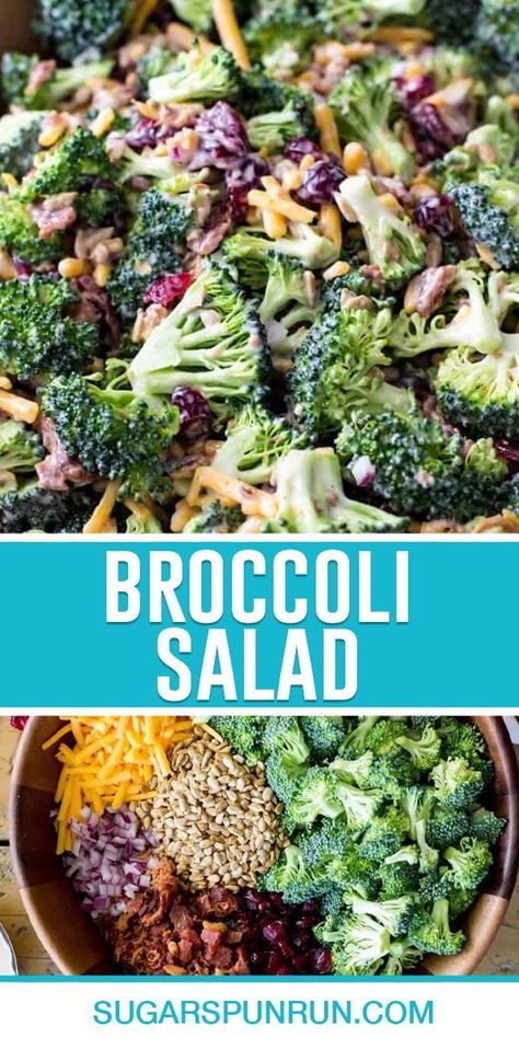 A simple, classic Broccoli Salad recipe that serves as a great fast side dish for any party or potluck. Made with bacon, cranberries, sunflower seeds, cheddar cheese and a homemade dressing, this is one of my favorite side dishes and it can be prepped in under fifteen minutes! Best Broccoli Salad Recipe, Salad Recipes With Bacon, Creamy Broccoli Salad, Cold Side Dishes, Dinner Menu Ideas, Party Side Dishes, Cookout Sides, Great Dinner Recipes, Potluck Side Dishes