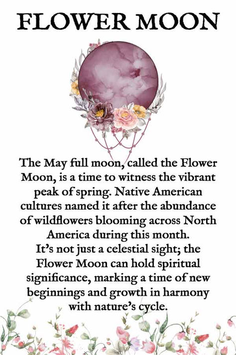 The Flower Moon will be at its peak on May 23rd, 2024 and will bring a time of blooming flowers, vibrant energy, and new beginnings. The spiritual significance of the Full Moon of May brings opportunities for growth, renewal, and good fortune. 

The Flower Moon of May 2024 holds a special energy due to its alignment with the optimistic fire sign Sagittarius. ♐️  

Click the pin to discover 10 rituals to embrace during the Flower Moon to invite good luck and harness its spiritual energy. Nature, Spiritual Flowers, Full Flower Moon, Yoruba Orishas, May Full Moon, Mother Moon, Beginner Witch, Moon Rituals, Metaphysical Spirituality