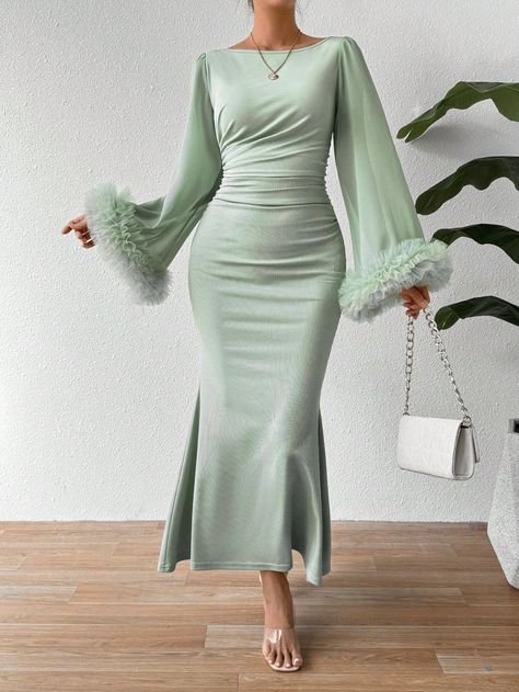 Canary Houze · Products · Elegance Personified: Purple Ruffle Trim Trumpet Sleeve Mermaid Hem Dress · Shopify Classy Dress For Women, Tea Wedding Dress, Shein Long Dress, Mint Green Dress Outfit, Hijabi Dresses Soiree, Mermaid Lace Dress, Dresses Soirée, Mint Green Outfits, Mode Purple