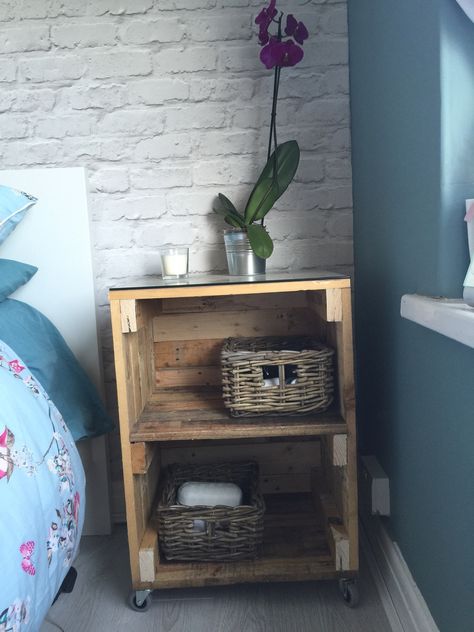 Our Bedside table made from pallets. Bedside Table Pallet, Nightstand Out Of Pallets, Pallet Bedside Table Diy, Pallet Projects Furniture Bedrooms, Rustic Bedside Tables, Pallet Bedside Table, Diy Bedside Tables, Pallet Nightstand, Table Made From Pallets