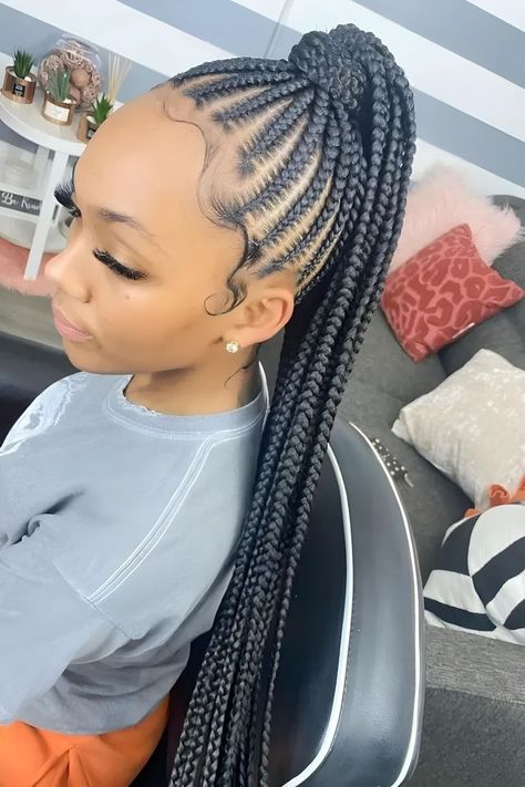 Feed-In Cornrows Ponytail Feed In Braids Ponytail With Bangs, Ponytails Braids For Black Hair, Hair Braided Up Into Ponytail, Low Ponytail Braids For Black Women, Medium Braided Ponytail, Braids In Front Knotless In Back, Small Braided Ponytail, Feed In Braided Ponytail, Simple Braided Ponytail