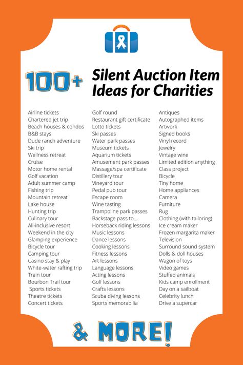 100 Silent Auction Item Ideas for Charities Silent Auction Gift Ideas, Silent Auction Set Up Ideas, Silent Auction Fundraiser Tips, Benefit Auction Donation Ideas, Pto Auction Ideas, How To Host A Silent Auction, Auction Centerpieces To Sell, Gala Silent Auction Ideas, Big Ticket Silent Auction Items