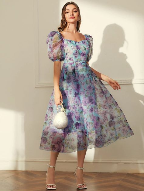 SHEIN Modely Allover Floral Print Puff Sleeve Dress | SHEIN USA Organza Frocks For Women, Organza Frocks, Floral Organza Dress, Simple Frocks, Floral Frocks, Floral Bridesmaid Dresses, Chiffon Frocks, Frock Fashion, White Maxi Skirts