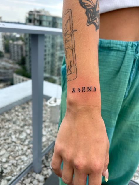 Karma Police Tattoo, Call It Fate Call It Karma Tattoo, Supermodel Tattoos, Comfort And Chaos Tattoo, Tatoos Minimal, Tutto Passa Tattoo, Angel Energy Tattoo, Karma Tattoo Design, 224 Tattoo