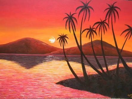 Nature Paintings For Beginners, Nature Painting Images, Lukisan Pokok, Easy Nature Paintings, Sunset Painting Easy, Lukisan Landskap, Paintings For Beginners, Lukisan Lanskap, Canvas Painting Ideas For Beginners