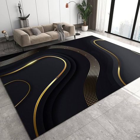 Amazon.com: TAZECE Abstract Black Gold Ribbon Living Room Rug, Stylish 3D Black Background Soft Breathable Bedroom Rug, with Anti-Slip Backing, Easy to Clean Rugs, for Office Restaurant Entrance 3x5ft : Home & Kitchen Luxury Modern Rug, Gold And Charcoal Living Room, Black And Gold Rugs, Beige Black And Green Living Room, Black And Gold Boho Living Room, Black White Office Decor, Rugs With Brown Couch, Gray White And Black Living Room, Black And Gold Decor Living Room