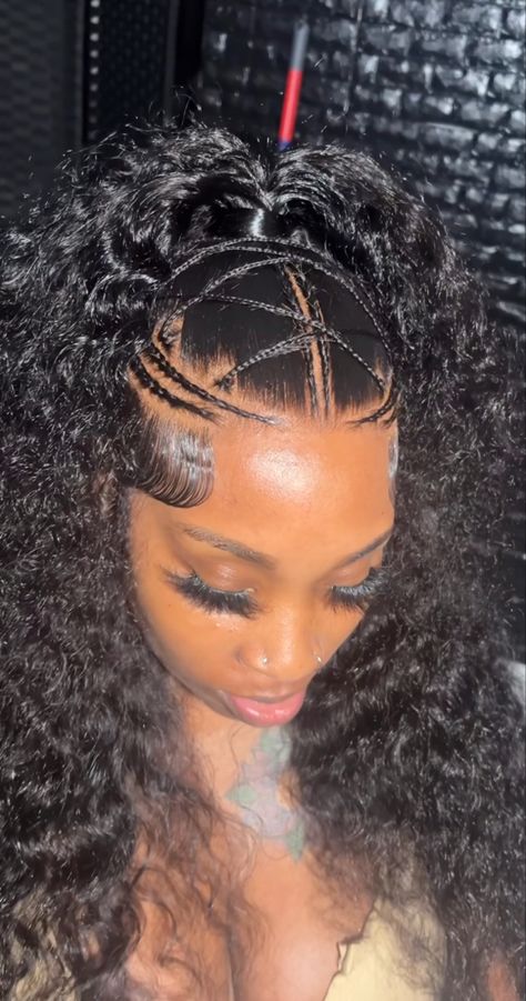 Wig Styles Braids, Rubberband Hairstyles Wig, Curly Tracks Hairstyles Black Women, Lace Hairstyles Hair Ideas, Hair Twisted Back Half Up, Frontal Wig Braid Hairstyles, Double Frontal Ponytail Blonde, Top Braided Back Sew In, Cute And Simple Hairstyles Black Women