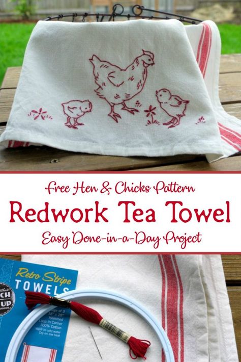 Fast, inexpensive, and easy to create, this Redwork Chicken Tea Towel makes a fun addition to your kitchen or a lovely, thoughtful gift. Includes FREE hen & chicks pattern. Amigurumi Patterns, Patchwork, Hand Embroidery Towels Ideas, Hand Embroidery Dish Towels, Cross Stitch Kitchen Towels, Dish Towel Embroidery Ideas, Embroidery Tea Towels Free Pattern, Pillowcase Embroidery Patterns, Chicken Embroidery Patterns