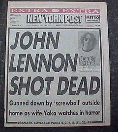 On this day in 1980, the British musician and peace activist John Lennon was shot and killed outside his New York home by Mark David Chapman. Description from tumblr.com. I searched for this on bing.com/images Mark David Chapman, Dark Days, Newspaper Headlines, Vintage Newspaper, Headline News, Newspaper Article, Old Newspaper, The Fab Four, December 8
