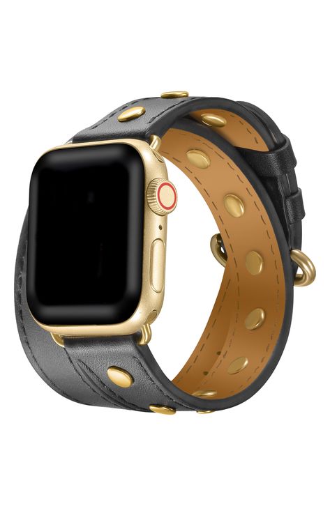 Burnished studs highlight the wraparound styling of this smooth leather strap that elevates the look of your Apple Watch. Apple Watch not included Compatible with Apple Watch Series 1, 2, 3, 4, 5 and 6 Buckle closure Leather/goldtone plate Imported Brown Apple, Apple Watch Bands Women, Bracelet Apple Watch, Apple Watch Nike, Apple Watch Bands Sports, Stainless Steel Bracelet Men, Rose Gold Watches Women, Apple Watch 42mm, Brown Leather Watch