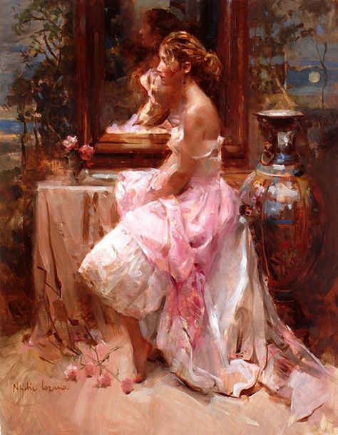 Romantic Elegance by Nydia Lozano Pink, A Mirror, Pink Dress, A Woman, Mirror