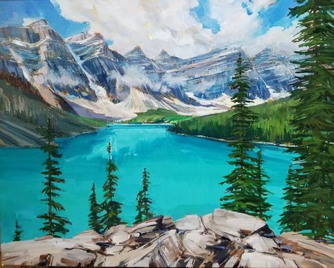 Rocky Mountain Lake in Banff National Park Acrylic painting by Holly Dyrland Bonito, Mountain And Beach Painting, Mountain Lake Painting Acrylic, Mountains And Lake Painting, River Mountain Painting, Mountain Lake Illustration, Canada Painting Ideas, Banff Painting, Mountain Lake Drawing