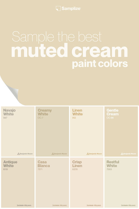 Sample the best muted cream paint colors with Samplize for your home painting projects! Beige Room Paint Color Ideas, Cream Room Paint, Boho Cream Paint Colors, Sandstone Color Paint, Furniture For Cream Walls, Deep Cream Paint Color, Ivory Interior Paint, Cream Bedroom Paint Colors, Best Creamy Paint Colors