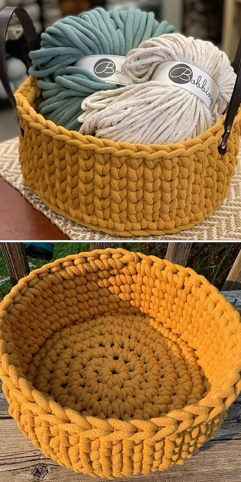 Big and sturdy, this crochet basket pattern is an ultimate home storage solution. Made to last, with a flat bottom, the basket will endure the hoarding spree. Finished with leather holders makes a stylish home decor piece. In case you wish to alternate size wise, just adjust the bottom piece to your needs and follow the pattern. You can create a whole collection of those amazing jumbo baskets for your home. #freecrochetpattern #crochetpattern #crochetbasket #crochetstorage Crochet Shoe Basket, Amigurumi Patterns, Crochet Basket Chunky Yarn, Super Chunky Yarn Crochet Projects, M&m Crochet, Chunky Crochet Baskets Free Patterns, Chunky Crochet Basket, Crochet Macrame Basket, Crochet Yarn Basket