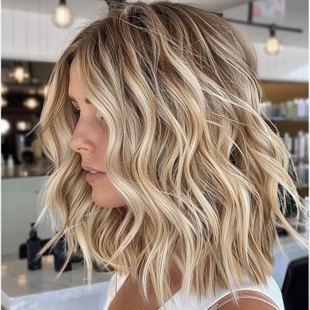 Tousled Beach Waves with Balayage Mermaid Hair Blonde Beachy Waves, Balayage, Beach Wave On Medium Length Hair, Beach Blonde Medium Length Hair, Beachy Waves Medium Length Wedding, Blonde Beach Waves Medium, Short Blonde Beach Waves, Beach Waved Bob, Short Hairstyle Women Beach Waves