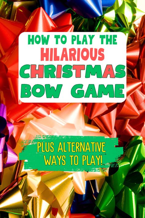 CHRISTMAS PARTY BOW GAME (FUNNY HOLIDAY GAMES FOR KIDS AND ADULTS!) - how to play the game with Christmas bows and hilarious games to play with your family this Christmas like Christmas bow game with spatula, TikTok money scoop with present bows and other ideas for Christmas games with gift bows. Fun holiday group games for kids and adults! #bowgames #giftgames #holidaygame #christmasgame Funny Holiday Games, Holiday Games For Kids, Diy Christmas Bow, Christmas Eve Games, Xmas Party Games, Funny Christmas Party Games, Christmas Party Games For Groups, Fun Family Christmas Games, Christmas Games To Play