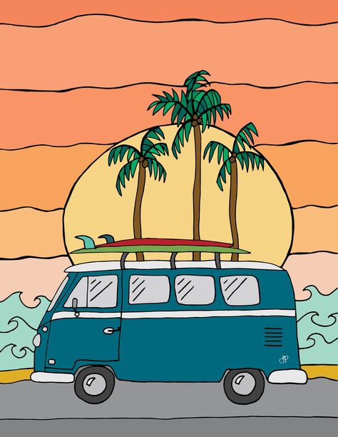 Van Art Drawing, Hippy Van Painting, Volkswagon Van Drawing, Beach Van Drawing, Combi Van Drawing, Vw Bus Painting Canvas, Drawing Ideas Summer Vibes, Bus Painting Design, Van Painting Ideas