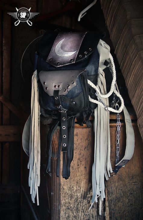 Moon fringed gothic backpack with shimmering rope, unique bag, original, raw, natural, romantic, black, blue, gray, larp, metalhead Leather Craft, Larp, Gothic Backpacks, Handmade Leather Backpack, Unique Bags, Backpack Purse, Blue Gray, Leather Handmade, Black Blue