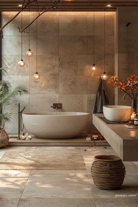 Unveiling the Top Trends for Master Bathrooms in 2024 - Puqqu Master Bathrooms Earthy, Dreamy Master Bathrooms, Stone Wet Room, Zen Spa Bathroom Ideas Japanese, Spa Bathtub Ideas, Organic Minimalist Bathroom, Earthy Bathroom Tiles, Spa Bathroom With Sauna, Spa Retreat Bathroom