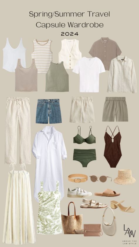 Travel Capsule Wardrobe Summer Greece, Vacation Capsule Wardrobe Summer, Spring 24 Fashion, Summer Capsule Wardrobe 2024 Travel, Elevated Summer Style, 2024 Capsule Wardrobe Summer, Europe Beach Outfits, Capsule Wardrobe 2024 Spring Summer, Thailand Summer Outfits