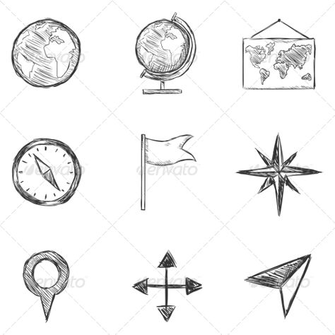 Set of Sketch Geography and Navigation Icons Geography Related Drawings, Geography Astethic, Social Studies Doodles, Geography Border Designs, Geography Tattoo Ideas, Geography Drawings Ideas, History Drawings Ideas Easy, Geography Aesthetic Art, Geografi Aesthetic