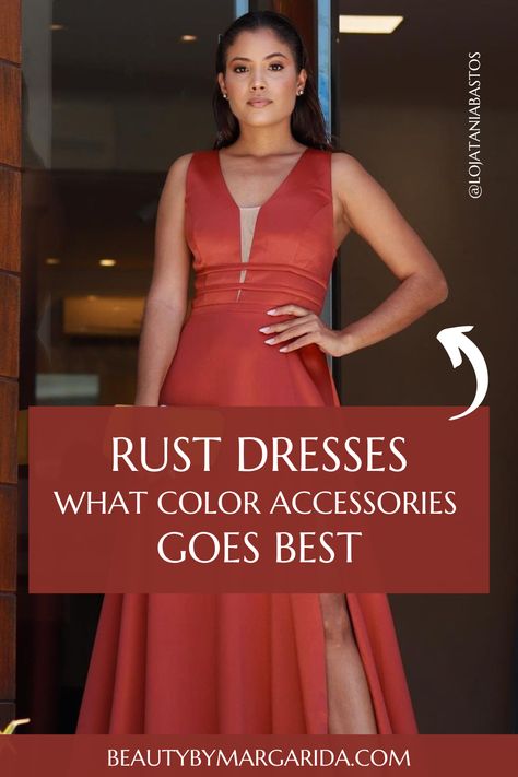 Looking for ideas on how to accessorize your rust dress? Look no further! Our guide has got you covered with tips on the best jewelry, shoes, purse, and nail polish to pair with your rust dress! Dress: Tania Bastos Cinnamon Dress Accessories, Rust Dress Jewelry, Rust Dress With Shawl, Jewelry For Cinnamon Dress, Accessories For Rust Dress, Burnt Orange Dress Jewelry, Nails For Rust Color Dress, Nails To Go With Copper Dress, Rust Color Dress Accessories