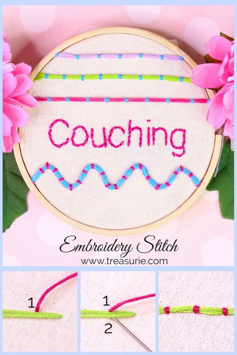 Couching Stitch - Easy Embroidery Step by Step | TREASURIE Couture, Couching Stitch Designs, Couching Embroidery Stitch, Chunky Embroidery Stitches, Couch Stitch Embroidery, Embroidery Couching Stitch, Couching Stitch Embroidery, Couch Stitch, Couching Embroidery Design