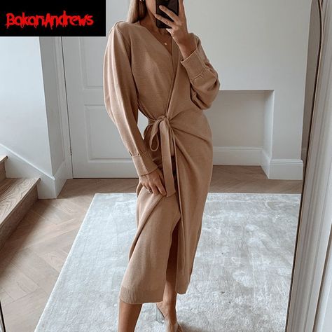 Wrap Dress Outfit, Wrap Sweater Dress, Batwing Sweater, Knit Wrap Dress, Gilet Long, Women Long Sleeve Dress, Wrap Midi Dress, Dress Home, Knit Wrap