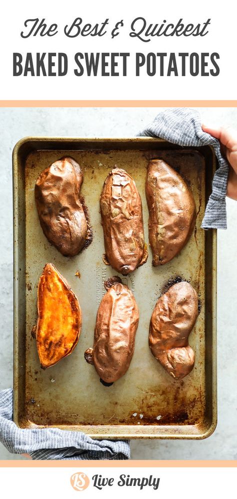 The best and quickest way to make baked sweet potatoes. Caramelized, sweet, and baked in under 30 minutes. The best and most popular sweet potato recipe on the internet! #bakepotatoes #sweetpotatoes #bakedsweetpotatoes #quicksweetpotatoes #bestsweetpotatoes Best Baked Sweet Potato, Morning Recipes Breakfast, Sweet Potato Recipes Baked, Baked Sweet Potatoes, Cooking Sweet Potatoes, Baked Sweet Potato, Cooked Veggies, Sweet Potato Casserole, Sweet Potato Recipes