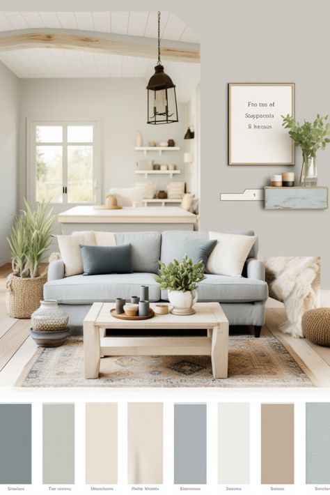 Discover how to use modern farmhouse colors to add rustic charm to your home decor. #RusticCharm #FarmhouseStyle Natural Color Scheme Living Room, Blue Farmhouse Living Room Ideas, Living Room Palate Colour Palettes, Farmhouse Decor Color Schemes, Farmhouse Living Room Blue Accent, Farmhouse Interior Walls, Farmhouse Interior Wall Colors, Cozy Home Palette, Farmhouse Paint Colors 2024