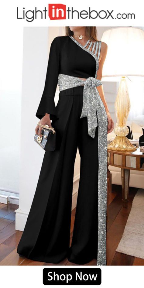 Women‘s Jumpsuit for Special Occasions Sparkly Sequin Patchwork High Waist Solid Color One Shoulder Streetwear Party Street Regular Fit Long Sleeve Black White Blue S M L Summer Fall Patchwork, Women Jumpsuit Outfits, Jumpsuits For Women Formal, White Outfits For Women, Simple Lehenga, Classy Jumpsuit, Jumpsuit Outfits, Evening Jumpsuit, Modest Dresses Casual