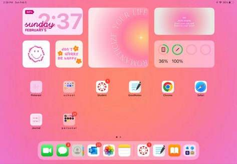 Cute Widgets For Ipad, Preppy Widgets For Ipad, Aesthetic I Pad Organization, Wallpaper Aesthetic Ipad Air, Preppy Ipad Layout, Asthetic Ipad Organization, Widget Ipad Aesthetic Pink, Ipad Pink Layout, Ipad Home Screen Layout Aesthetic Pink