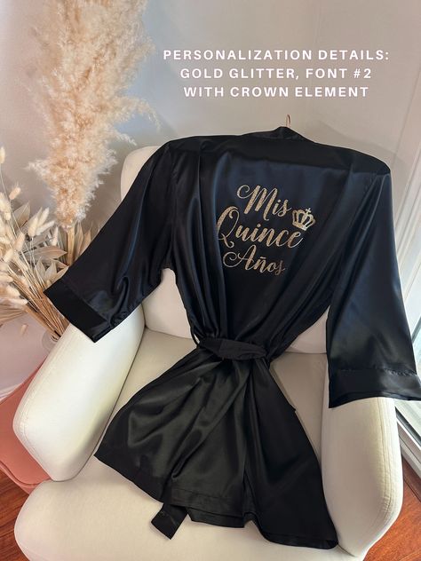 Quince Silk Pajamas, Emerald Green Quince Robe, Mis Quince Robe, Black And Rose Gold Quinceanera Theme, Black And Gold Quince Theme, Quinceañera Robes, White And Gold Quinceanera Theme, Black Quince Theme, Black And Gold Quinceanera Theme