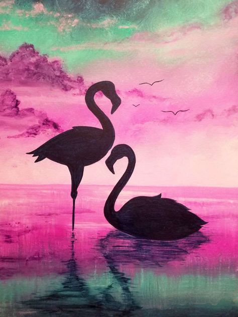 Flamingo Acrylic Painting, Love Birds Painting, Let's Flamingle, Bird Shape, Painting Parties, Flamingo Painting, Pink Paradise, Afrique Art, Silhouette Painting