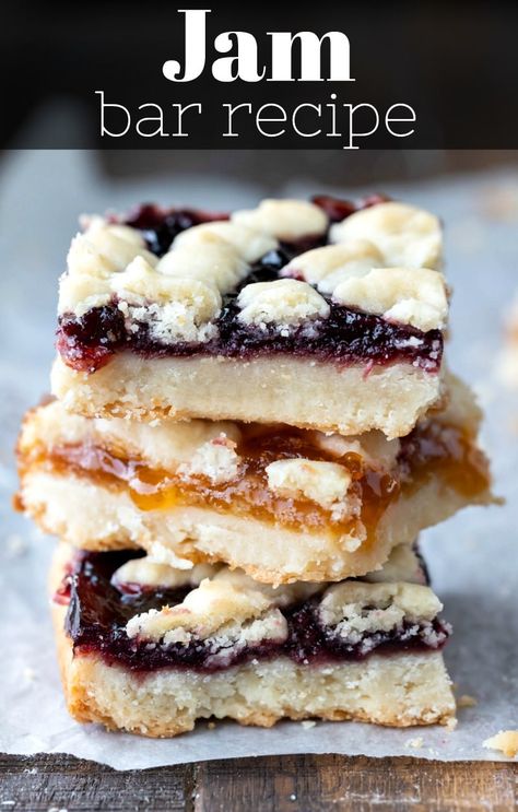 Jam bar recipe - a layer of sweet jam in between melt-in-your-mouth shortbread layers. Jelly Bars Recipe, Pie, Recipes Using Jam, Recipe Using Jam, Jam Bar, Jam Bars, Sandwich Bar, Shortbread Bars, Dessert Bar Recipe