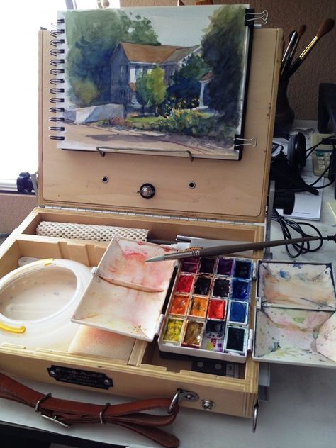 I have been using a French Resistance pochade box for my sketching outdoors and at home. With the need to carry my paints with me around... Pochade Box Watercolor, Painted Tool Boxes, Art Organization Ideas, French Resistance, Pochade Box, Plein Air Watercolor, Sketch Box, Travel Art Kit, Art Studio Room