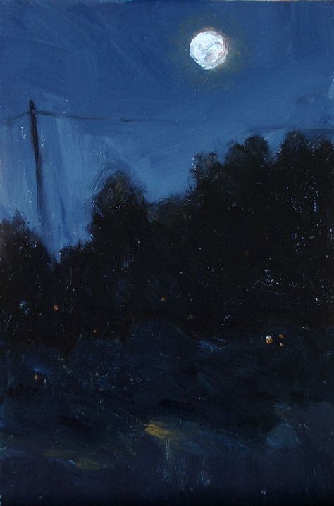 4x6 oil on linen nocturne painting. Oil Painting Night Sky, Dark Night Sky Painting, Nighttime Paintings Easy, Blue Vintage Painting, Night Sky Oil Painting, Forest At Night Painting, Moon Painting Aesthetic, Nighttime Painting, Nocturne Paintings