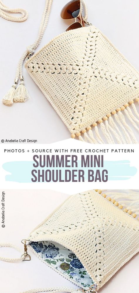 Crochet Boho Accessories, Crochet Crossover Bag Free Pattern, Crochet Small Handbags Free Patterns, Crochet Patterns Small Projects, Crochet With Beads Patterns Free, Summer Crochet Patterns Free, Bag Free Crochet Pattern, Boho Style Bag, Handbags Patterns