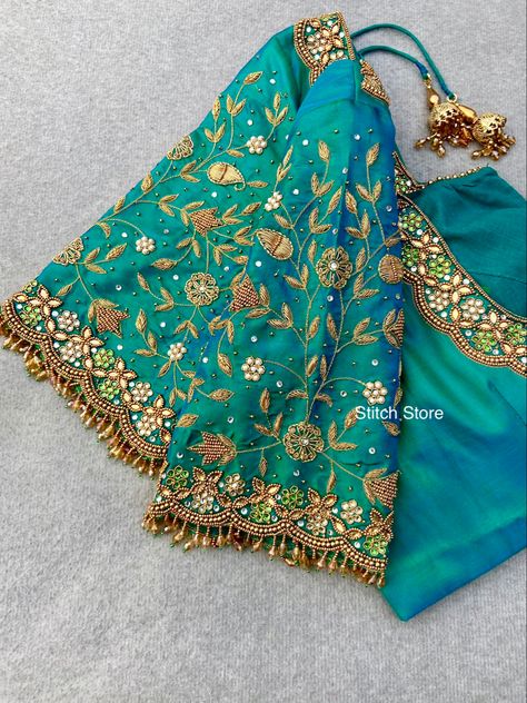 Stylish Aari Work Blouse, Green Maggam Work Blouse Designs Bridal, Bridal Aari Blouse Designs Latest, Bride Aari Work Blouse, Prabha Blouses Designs, Mirror Work Blouse Design Embroidery, Bride Blouse Designs Latest, Heavy Bridal Aari Work Blouse Designs, Latest Bridal Blouse Designs Heavy Work