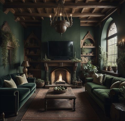 Modern Witch Interior Design, Dark Manly Bedroom, Dark Moody Green Living Room, Snug Design Ideas, Green Room Black Ceiling, Cottage Core Leather Couch, Dark Wood Industrial Living Room, Lord Of The Rings Aesthetic Home, Dark Cottagecore Living Room Ideas