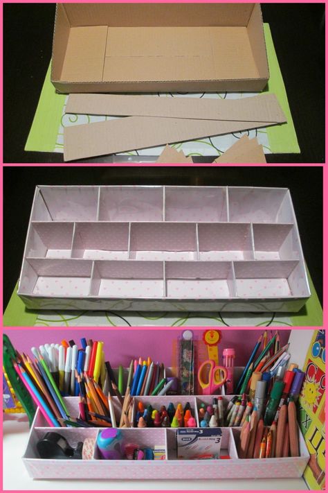 Cardboard Stationary Organizer Diy, Diy Pencil Holder Desk Organizers, Diy Table Organizer, Cardboard Crafts Diy Organizer, Diy Makeup Organizer Cardboard, Desk Organizer Diy, November Projects, Diy Desktop Organizer, Diy Desk Organizer