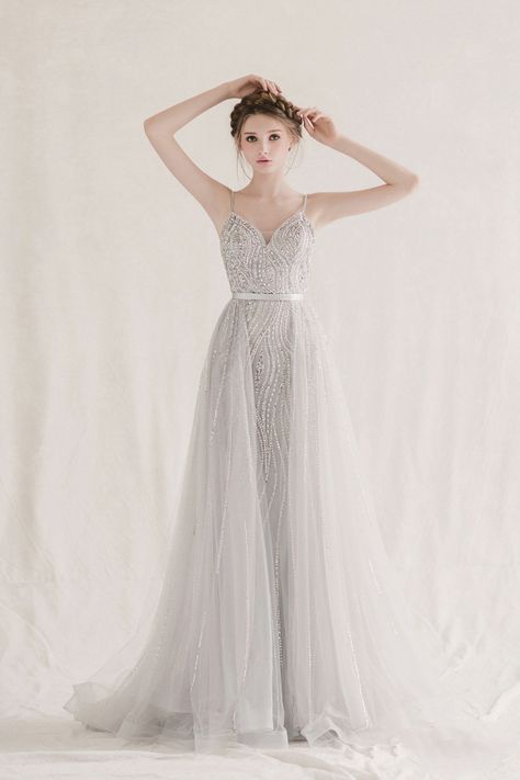 Whimsical, unique, and magical, this glittering silver gown from Bonna & Kimvelo is downright droolworthy!                                                                                                                                                                                 More Haute Couture, Grey Wedding Dress, Sheer Corset, S Wedding Dress, Pageant Gown, Silver Gown, Mermaid Prom Dress, Silver Lace, Romantic Bride