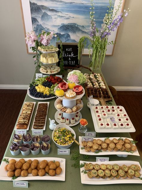 High Tea Catering Ideas, Tea Party Table Ideas For Adults, Tea Party Buffet Table Settings Ideas, Tea Party Bridal Shower Foods, High Tea Buffet Display, Birthday Afternoon Tea Party Ideas, Engagement Party Tea Party, Brighton Themed Party, High Tea Buffet Table