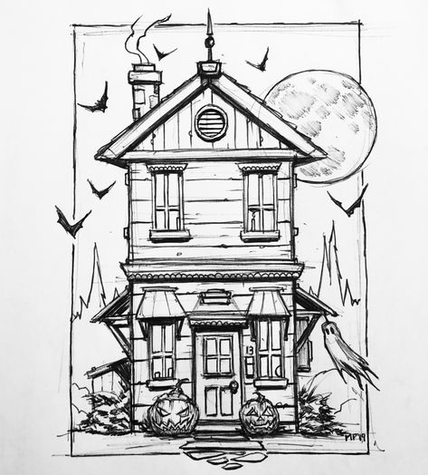 13/31 by Mike PhillipsInktober haunted house Creepy Houses Drawing, Haunted House Illustration Drawings, Drawings Of Haunted Houses, Cartoon Haunted House Drawing, Haunted House Reference, Drawing A Haunted House, Haunted House Sketch Easy, Haunted Houses Drawing, Haunted House Drawing Ideas