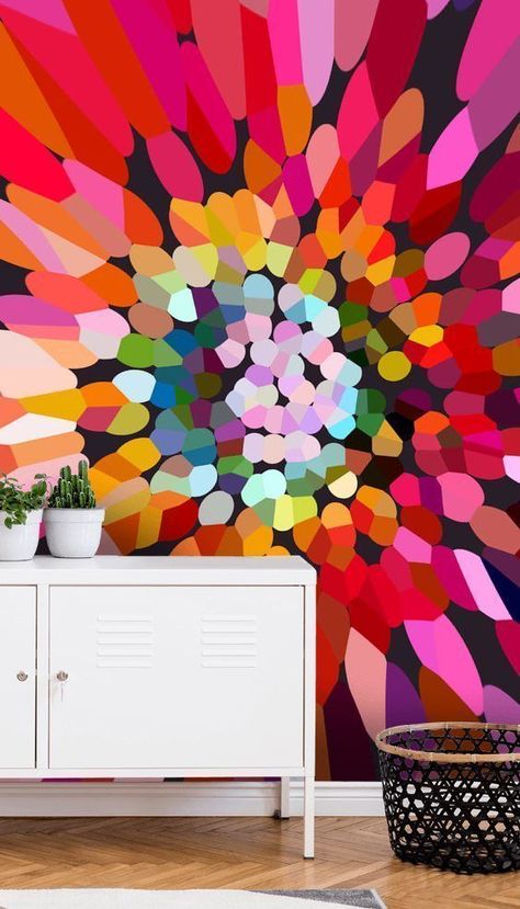 Abstract Flower Wallpaper, Potted House Plants, Fun Vibes, Patterned Wallpaper, Flower Mural, Pink Flowers Wallpaper, Bright Wallpaper, Colorful Murals, Mural Floral