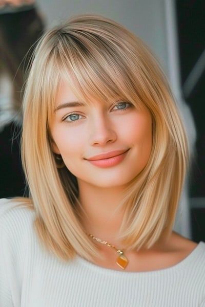 35 Stunning Medium-Length Hairstyles with Bangs - The Hairstyle Edit Lob Haircut With Wispy Bangs, Hairstyles With Bangs For Fine Hair, Straight Lob With Bangs Side Swept, Women’s Hair Styles With Bangs, Shoulder Length Hair Straight With Bangs, Haircut Medium With Bangs, Bangs For Blonde Hair, Side Swipe Bangs Medium Hair, Medium Length Hair Styles For Straight Hair